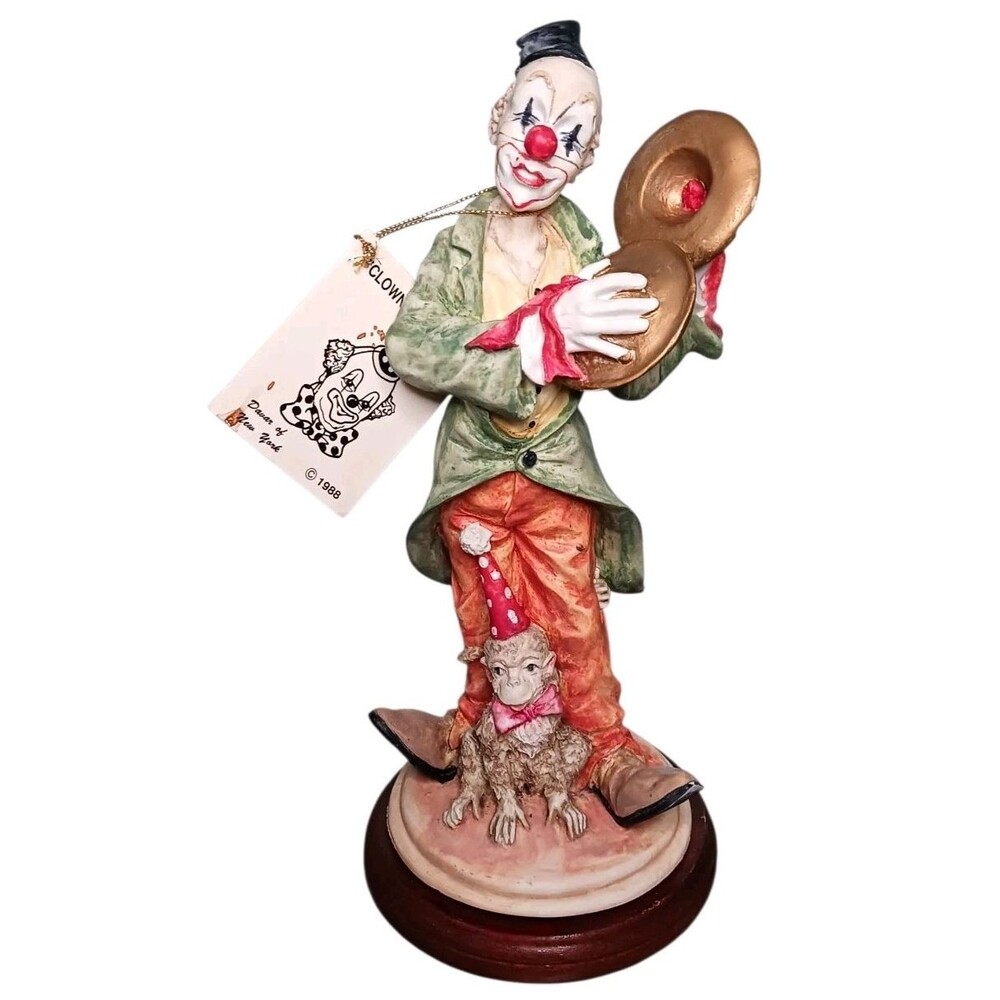 Vtg Davar Original 10.5" Clown Figurine w/ Cymbals & Monkey Wood Base Tag Taiwan